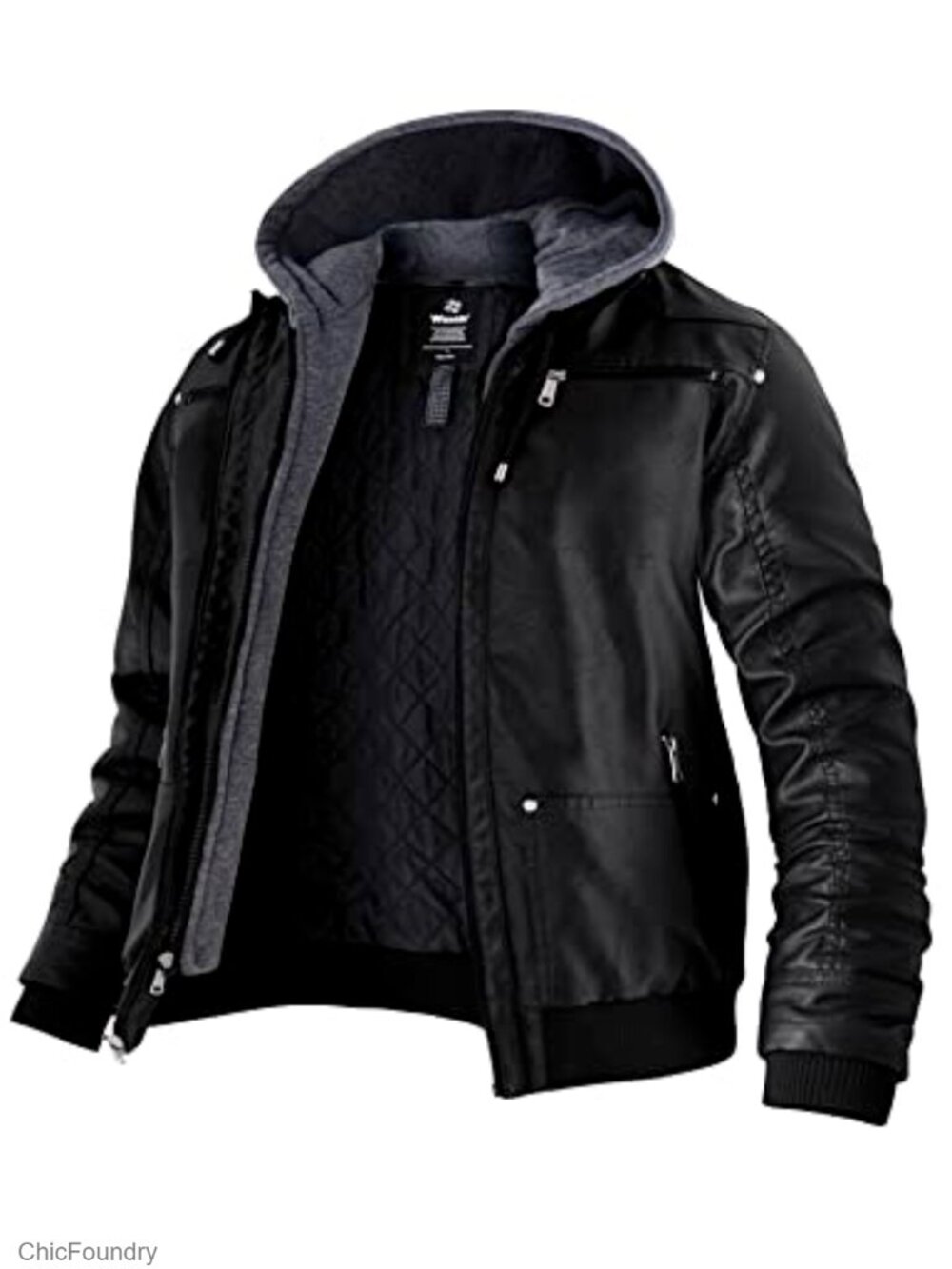 Men's Big and Tall Faux Leather Motorcycle Jacket with Removable Hood